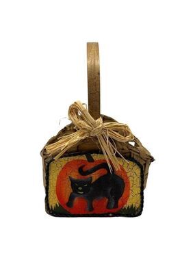 Halloween Vintage Woven Basket Black Cat Pumpkin Design Rustic Bow Handcrafted